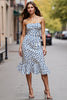 Load image into Gallery viewer, White Blue Strapless Printed Midi Leopard Work Dress with Ruffles