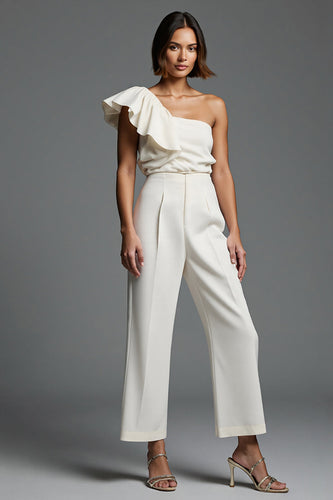 One Shoulder Ivory Work Jumpsuits with Ruffles