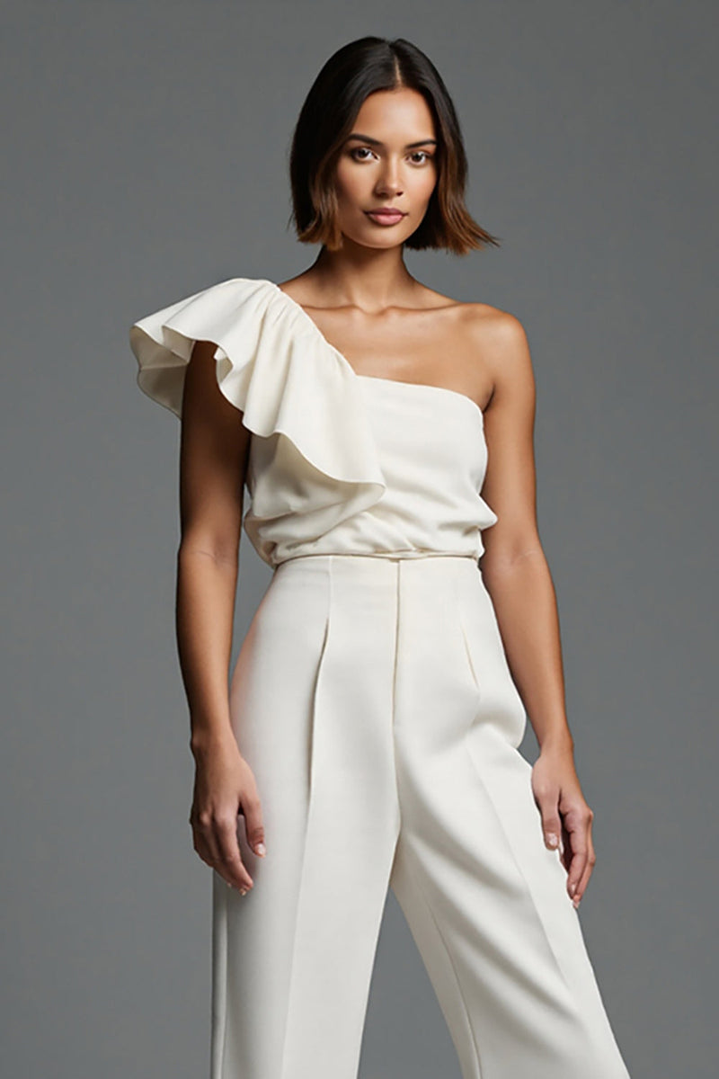 Load image into Gallery viewer, One Shoulder Ivory Work Jumpsuits with Ruffles
