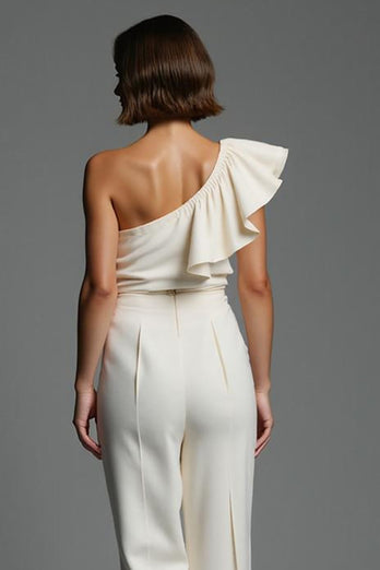 One Shoulder Ivory Work Jumpsuits with Ruffles