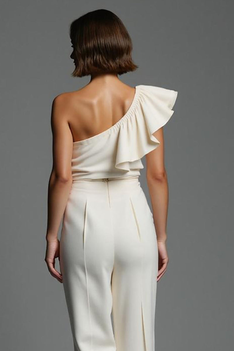 Load image into Gallery viewer, One Shoulder Ivory Work Jumpsuits with Ruffles