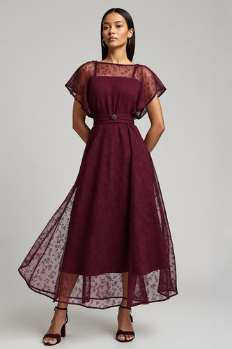 Burgundy A Line Bateau Long Lace Work Dress with Sleeves