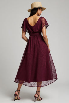 Burgundy A Line Bateau Long Lace Work Dress with Sleeves