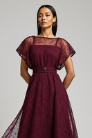 Load image into Gallery viewer, Burgundy A Line Bateau Long Lace Work Dress with Sleeves