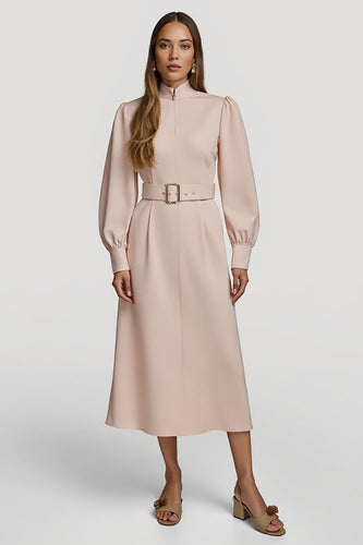 Grey Pink High Neck Pencil Maxi Satin Work Dress with Belts