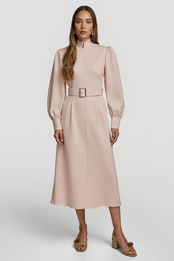 Grey Pink High Neck Pencil Maxi Satin Work Dress with Belts