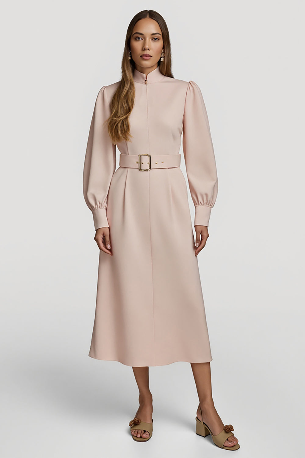 Grey Pink High Neck Pencil Maxi Satin Work Dress with Belts