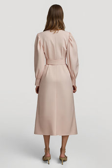 Grey Pink High Neck Pencil Maxi Satin Work Dress with Belts