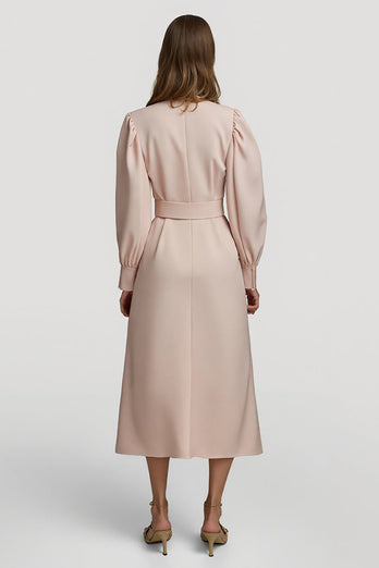 Grey Pink High Neck Pencil Maxi Satin Work Dress with Belts