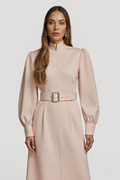 Load image into Gallery viewer, Grey Pink High Neck Pencil Maxi Satin Work Dress with Belts