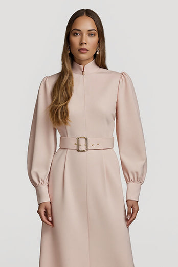 Grey Pink High Neck Pencil Maxi Satin Work Dress with Belts