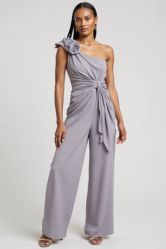 One Shoulder Grey Purple Ruched Work Jumpsuits with 3D Flowers