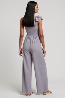 One Shoulder Grey Purple Ruched Work Jumpsuits with 3D Flowers