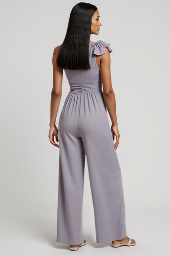 One Shoulder Grey Purple Ruched Work Jumpsuits with 3D Flowers