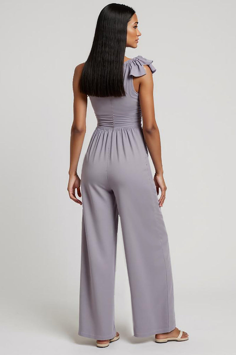 Load image into Gallery viewer, One Shoulder Grey Purple Ruched Work Jumpsuits with 3D Flowers