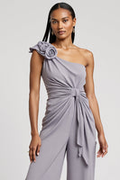 Load image into Gallery viewer, One Shoulder Grey Purple Ruched Work Jumpsuits with 3D Flowers