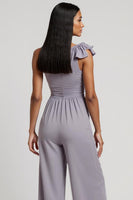 Load image into Gallery viewer, One Shoulder Grey Purple Ruched Work Jumpsuits with 3D Flowers