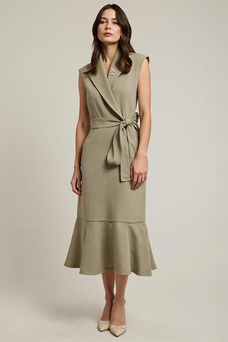 Grey Green Shawl Lapel Pencil Maxi Work Dress with Sash