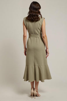 Grey Green Shawl Lapel Pencil Maxi Work Dress with Sash