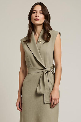 Grey Green Shawl Lapel Pencil Maxi Work Dress with Sash