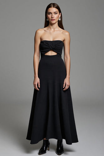 Black A Line Strapless Keyhole Long Work Dress