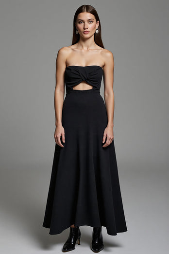 Black A Line Strapless Keyhole Long Work Dress