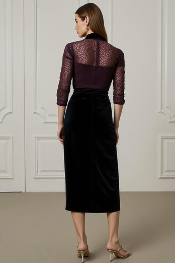 Dark Purple High Neck 2 Piece Pencil Blouses and Velvet Skirt
