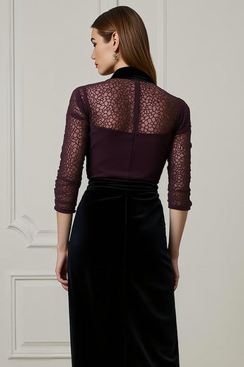 Dark Purple High Neck 2 Piece Pencil Blouses and Velvet Skirt