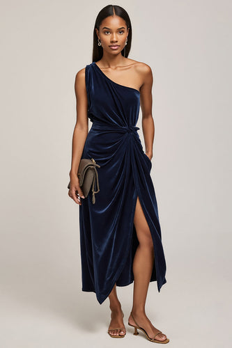 Navy One Shoulder Velvet Ruched Maxi Holiday Party Dress with Slit
