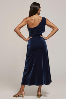 Navy One Shoulder Velvet Ruched Maxi Holiday Party Dress with Slit