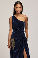 Load image into Gallery viewer, Navy One Shoulder Velvet Ruched Maxi Holiday Party Dress with Slit