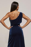 Load image into Gallery viewer, Navy One Shoulder Velvet Ruched Maxi Holiday Party Dress with Slit