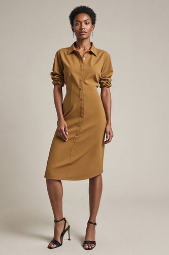 Yellow Collar Neck Pencil Sleeves Midi Work Dress