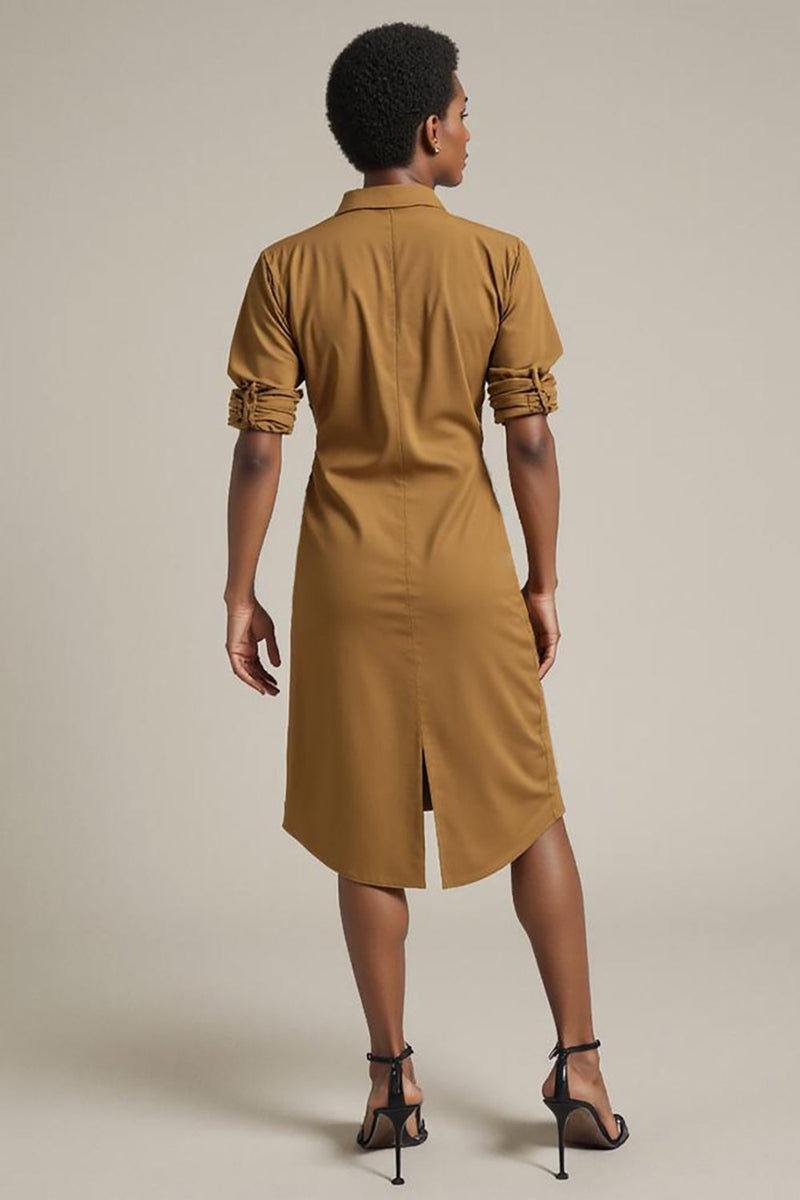 Load image into Gallery viewer, Yellow Collar Neck Pencil Sleeves Midi Work Dress