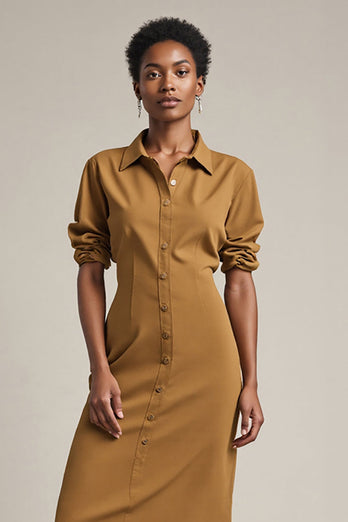 Yellow Collar Neck Pencil Sleeves Midi Work Dress