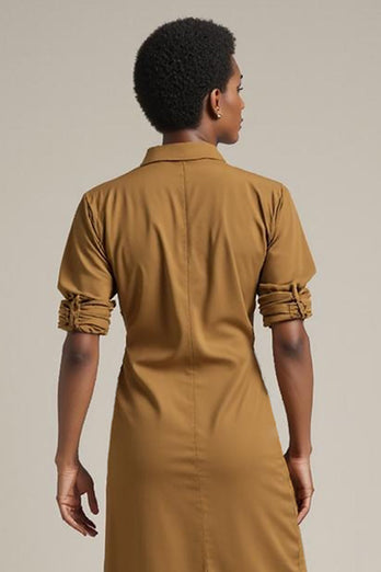 Yellow Collar Neck Pencil Sleeves Midi Work Dress