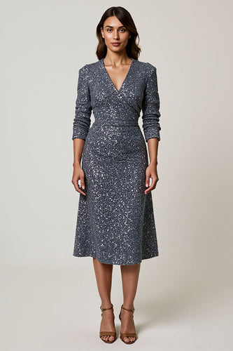 Sparkly Grey Blue V-Neck Sequins Midi Holiday Party Dress with Sleeves