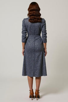 Sparkly Grey Blue V-Neck Sequins Midi Holiday Party Dress with Sleeves
