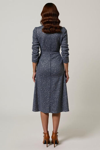 Sparkly Grey Blue V-Neck Sequins Midi Holiday Party Dress with Sleeves