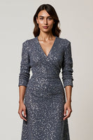 Load image into Gallery viewer, Sparkly Grey Blue V-Neck Sequins Midi Holiday Party Dress with Sleeves