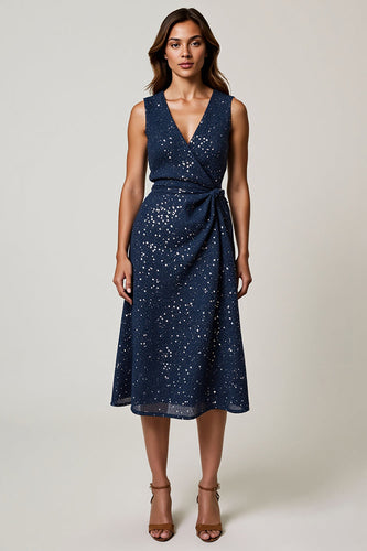 Sparkly Navy A-Line V-Neck Ruched Midi Holiday Party Dress