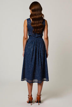 Sparkly Navy A-Line V-Neck Ruched Midi Holiday Party Dress