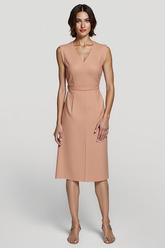 Simple Orange V-Neck Satin Pencil Midi Work Dress