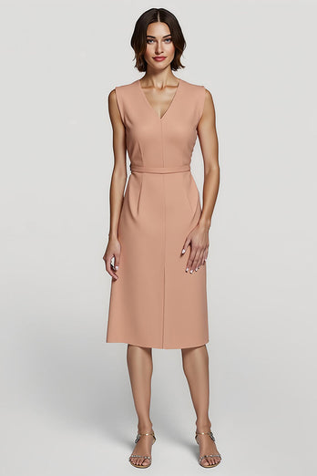Simple Orange V-Neck Satin Pencil Midi Work Dress