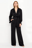 Load image into Gallery viewer, Black Notched Lapel Satin Work Jumpsuits with Sash