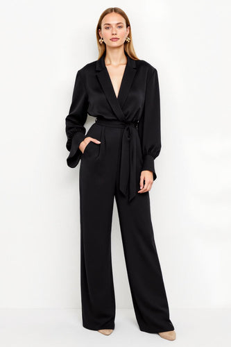 Black Notched Lapel Satin Work Jumpsuits with Sash