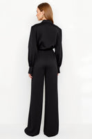 Load image into Gallery viewer, Black Notched Lapel Satin Work Jumpsuits with Sash