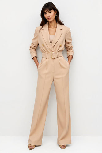 Apricot Long Sleeves Notched Lapel Satin Work Jumpsuits with Belt