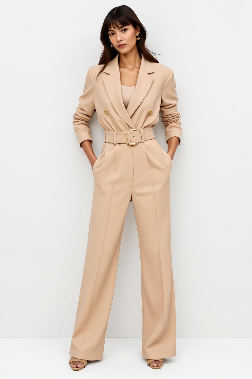 Apricot Long Sleeves Notched Lapel Satin Work Jumpsuits with Belt