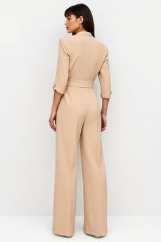 Apricot Long Sleeves Notched Lapel Satin Work Jumpsuits with Belt